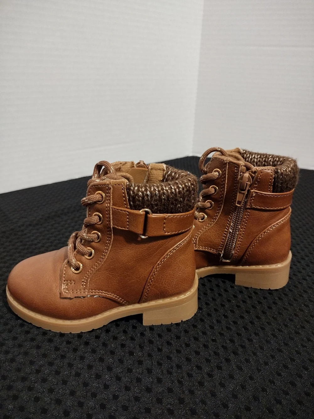 Jellypop Brown Faux-Leather Lace-Up Kids Ankle Boots with Knit Cuff